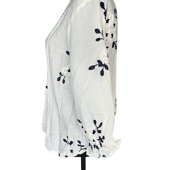 Elegant White Blouse with Navy Embroidery - Picture 2 of 4